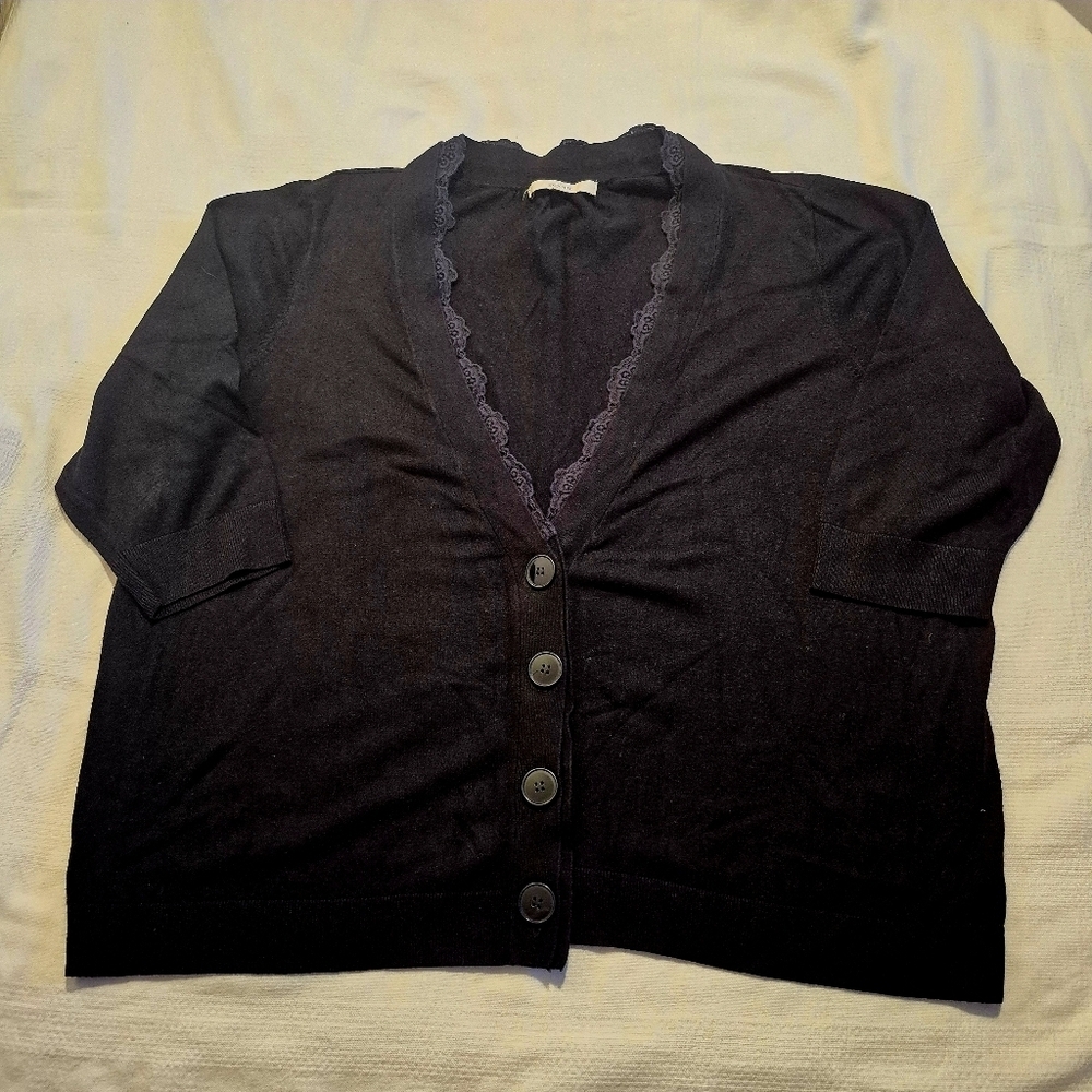 Sejour women's 2X black short sleeve button up cardigan trimmed collar VGUC